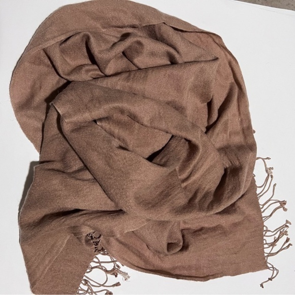 Camel  Tan Wool Silk Blend Scarf Twisted Fringe Unisex